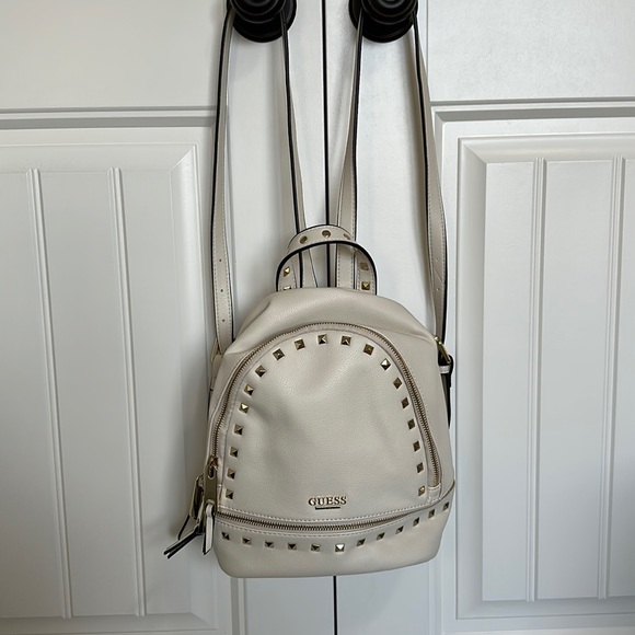 Guess Small Faux Leather Backpack Bag Studded Cream/Off White/Gold - Picture 2 of 16
